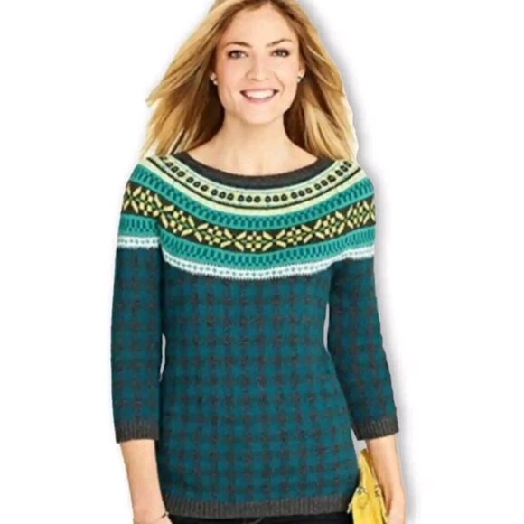 Talbots Womens Fair Isle Wool Blend 3/4 Sleeves Crew Sweater Medium Petite Blue - Picture 7 of 8